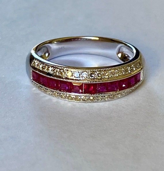 Vintage Ruby Diamond Ring: 14kt White Gold Annive… - image 2