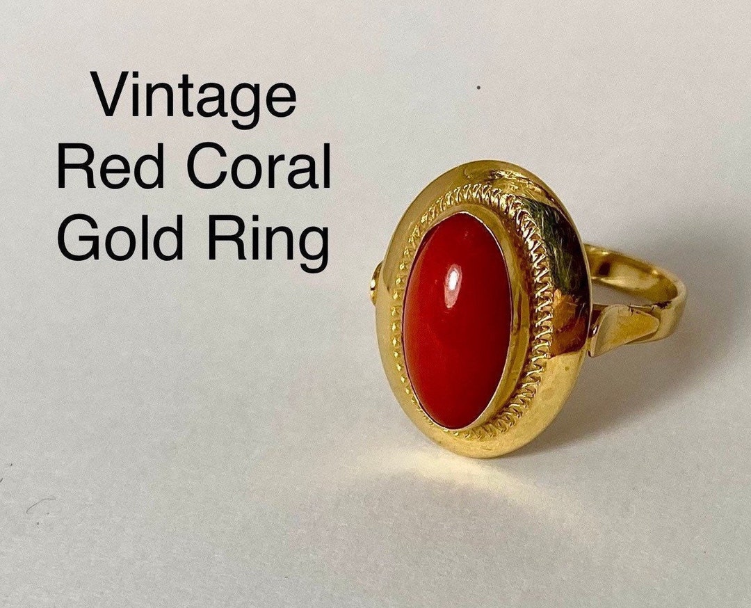 Orangey Red Coral Cocktail Ring 18K Gold w/ Diamond & Emerald Accents