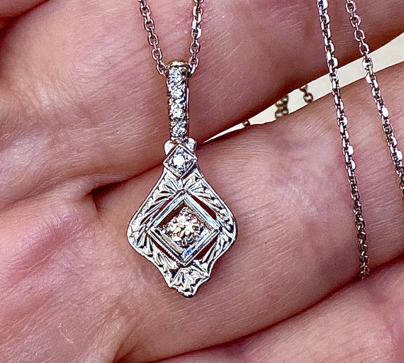 Antique Edwardian Diamond White Gold Pendant Neck… - image 3