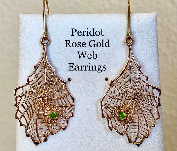 Gold Peridot Dangling Earrings, solid 14 kt rose … - image 1