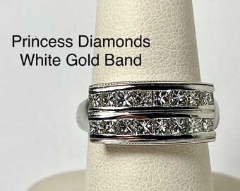 Vintage 14k White Gold Diamond Ring: Princess Cut Anniversary Band
