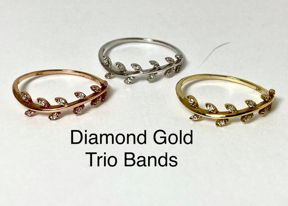 Diamond Trinity Ring Set: 14kt Gold Leaf Bands, S… - image 1