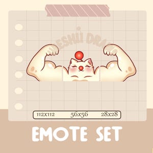 Puede incluir: Un conjunto de emoticonos con un gato de dibujos animados con brazos musculosos, una esfera roja en la cabeza y una expresión feliz. La imagen está sobre un fondo de papel beige con el texto "EMOTE SET" y dimensiones.