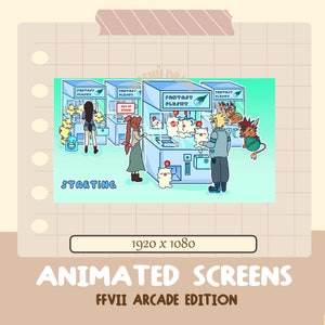 Op de afbeelding: Een digitale illustratie van een scène uit het videospel Final Fantasy VII. De scène toont een retro arcade-spel met een grijparm die pluche speelgoed uitdeelt. Het spel heet "Fantasy Plushy" en is uitverkocht. Drie personages uit het spel staan voor de machine. De tekst "STARTING" wordt linksonder in de afbeelding weergegeven.