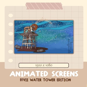 Könnte beinhalten: Eine digitale Illustration eines Wasserturms mit zwei Figuren, die oben darauf sitzen. Der Turm ist aus Holz und hat eine Leiter an der Seite. Der Hintergrund ist ein sternenübersäter Nachthimmel mit einem blauen und violetten Farbverlauf. Der Text "STARTING SOON" ist in Weiß auf der rechten Seite des Bildes geschrieben.
