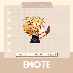 May include: An illustration of a character with spiky blonde hair, blue eyes, and a black outfit, raising a gloved hand. The word "EMOTE" is written in white letters at the bottom. The image is on a beige background with grid lines and a strip of tape at the top.