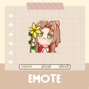May include: An anime-style digital art emote of a character with long brown hair, green eyes, and a red outfit, holding a yellow flower. The word "EMOTE" is at the bottom, with size options: 112x112, 56x56, and 28x28.