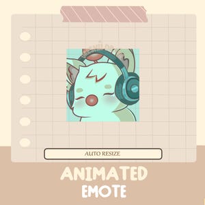 May include: Animated digital emoticon of a light blue and white cartoon character with a lightning bolt on its forehead wearing headphones. The character has a red nose and closed eyes. The background is a light blue grid.
