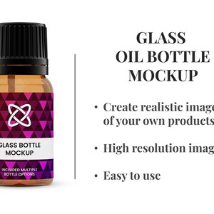 Pode incluir: Maquete de frasco de óleo de vidro âmbar com tampa preta e rótulo geométrico em tons de rosa e roxo. O rótulo diz "GLASS BOTTLE MOCKUP". A imagem também inclui texto que diz "Create realistic images of your own products".