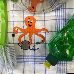 Embroidery file &quot;The little household&quot; octopus on tea towel
