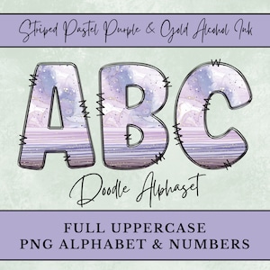 Striped Pastel Purple & Gold Alcohol Ink PNG Alphabet Letters, Ethereal Doodle Letters for Sublimation, Digital Download Uppercase Numbers