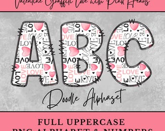 Könnte beinhalten: Ein Satz von drei Buchstaben des Alphabets, A, B und C, in einer Doodle-Schriftart. Die Buchstaben sind mit einem Muster aus rosa Herzen und den Wörtern "love" in Schwarz gefüllt. Die Buchstaben sind schwarz umrandet und haben einen genähten Effekt. Der Text "Valentine Graffiti Love with Pink Hearts" und "Doodle Alphabet" ist ebenfalls im Bild enthalten. Der Text "FULL UPPERCASE PNG ALPHABET & NUMBERS" befindet sich am unteren Rand des Bildes.
