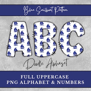 Letras do alfabeto de veleiro azul, camisa com letras náuticas para rabiscos, download digital de números maiúsculos, letras de diário de lixo e itens efêmeros