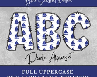 Blue Sailboat Alphabet Letters, Nautical Doodle Letters shirt Sublimation Digital Download Uppercase Numbers, Junk Journal Letters Ephemera