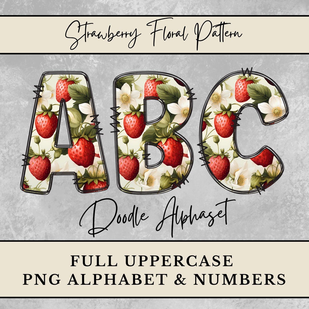 Strawberry Floral PNG Alphabet, Red Fruit Doodle Letters for Tshirt ...