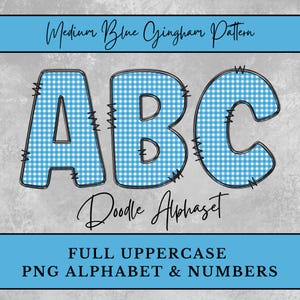 Medium Blue Gingham Alphabet Letters, Plaid Doodle Letters shirt Sublimation Digital Download Uppercase Numbers, Junk Journal PNG Ephemera