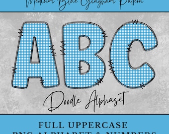 Medium Blue Gingham Alphabet Letters, Plaid Doodle Letters shirt Sublimation Digital Download Uppercase Numbers, Junk Journal PNG Ephemera