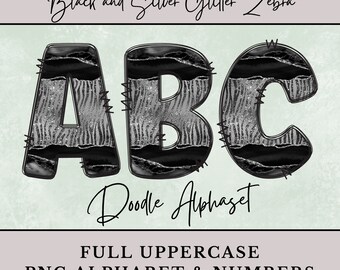 Black and Silver Glitter Zebra PNG Alphabet Letters, Animal Print Doodle Letters, Sublimation Shirts, Digital Download Uppercase & Numbers