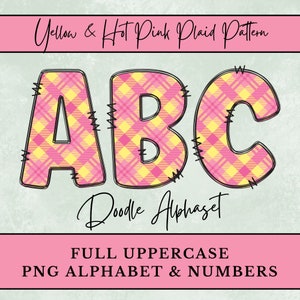 Gelb und Pink kariertes Muster Doodle Alphabet, Rosa PNG Alphabet PNG Doodle Buchstaben, Sublimation, digitaler Download Großbuchstaben und Zahlen