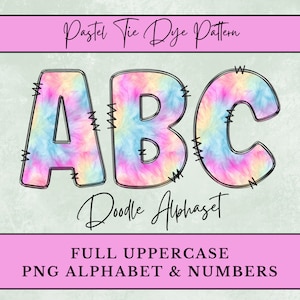 May include: Pastel tie dye pattern doodle alphabet letters A, B, and C. Full uppercase PNG alphabet and numbers.