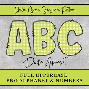 Yellow Green Gingham Alphabet Letters, Plaid Doodle Letters shirt Sublimation, Digital Download Uppercase Numbers, Coquette Cottagecore