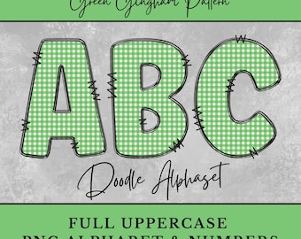 Green Gingham Alphabet Letters, Plaid Doodle Letters shirt Sublimation, Digital Download Uppercase Numbers, Coquette Baby Girl Cottagecore