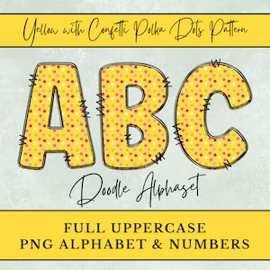 Gelb mit Konfetti Polka Dots Doodle Alphabet, Gelbes PNG Alphabet, PNG Doodle Buchstaben, Sublimation, digitaler Download Großbuchstaben und Zahlen