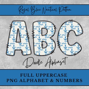 Letras do alfabeto náutico azul royal, letras de rabiscos de ondas de âncora, download digital por sublimação, letras maiúsculas de diário de lixo, itens efêmeros