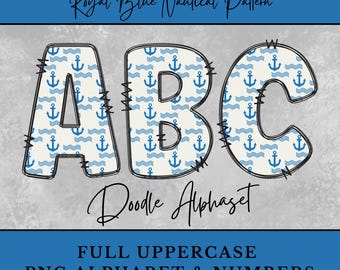Royal Blue Nautical Alphabet Letters, Anchor Waves Doodle Letters Sublimation Digital Download Uppercase, Junk Journal Letters Ephemera