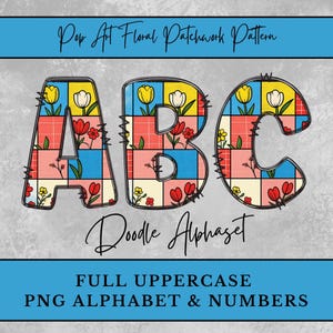 Alfabeto PNG Pop Art con patchwork floreale, lettere PNG con motivi floreali, lettere doodle per sublimazione, download digitale di lettere maiuscole e numeri
