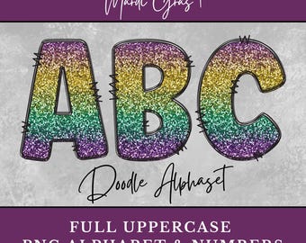 Mardi Gras Purple Gold Green PNG Alphabet, Glitter PNG Alphabet Letters, Doodle Letters for Sublimation, Digital Download Uppercase, Numbers
