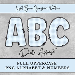 Light Blue Gingham Alphabet Letters Plaid Doodle Letters shirt Sublimation Digital Download Uppercase Numbers, Junk Journal Letters Ephemera