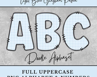 Light Blue Gingham Alphabet Letters Plaid Doodle Letters shirt Sublimation Digital Download Uppercase Numbers, Junk Journal Letters Ephemera