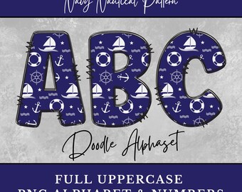 Navy Nautical Alphabet Letters, Anchor Sailboat Doodle Letters shirt Sublimation Digital Download Uppercase, Junk Journal Letters Ephemera