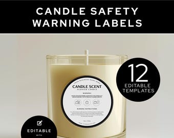 Editable Candle Business Warning Label Circle Sticker Template, Safety Instruction Label Template, Bundle Modern Candle Warning Custom Label