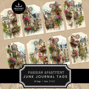 Parisian Apartment Junk Journal Tags, Note Card Gift Card Tags, Digital Download Tag, Vintage Ephemera Tags, Printable Tags for Junk Journal