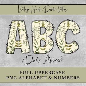 Alfabeto de hierbas vintage, conjunto de letras PNG mayúsculas de plantas florales, letras botánicas bohemias, descarga digital por sublimación