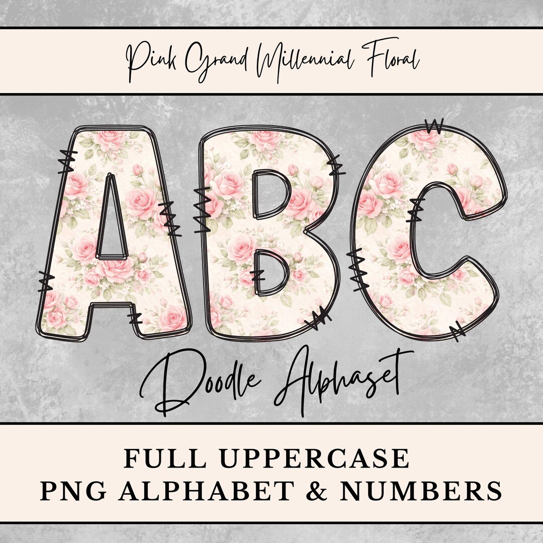 Pink Grand Millennial Floral PNG Alphabet, Rose Flower Doodle Letters ...