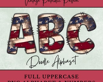 Vintage Patriotic Pattern Doodle Letters, Red White Blue Alphabet Letters for Sublimation, Digital Download Uppercase and Numbers, Clipart
