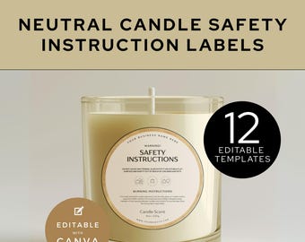 Editable Candle Business Safety Instruction Label Template, Warning Label Circle Sticker Template Round Modern Candle Warning Custom Label