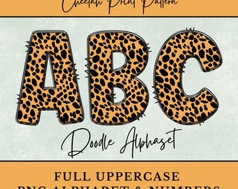 May include: Cheetah print pattern doodle alphabet.  The letters A, B, and C are shown in a black and orange cheetah print pattern.  Full uppercase PNG alphabet and numbers.