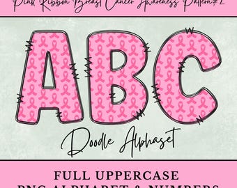 Breast Cancer Awareness Doodle Letters 2, Hot Pink Ribbon PNG Alphabet, Sublimation, Digital Download Uppercase & Numbers Clipart, Survivor
