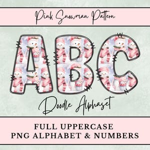 Peut inclure: L'image présente les lettres "ABC" remplies d'un motif de bonhomme de neige rose. Les bonhommes de neige portent des chapeaux et des écharpes roses. Le texte "Pink Snowman Pattern" et "Doodle Alphabet" est également présent.