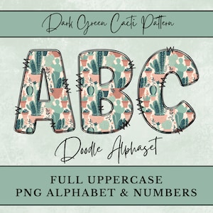 May include: Dark Green Cacti Pattern Doodle Alphabet - Full Uppercase PNG Alphabet & Numbers.  The letters A, B, and C are shown in a black outline with a cactus pattern inside.