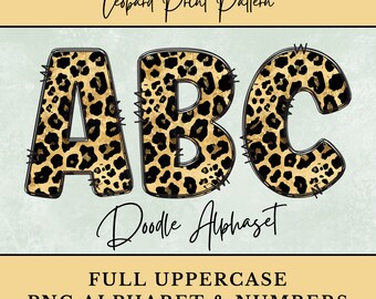 May include: Leopard print pattern doodle alphabet letters A, B, and C. Full uppercase PNG alphabet and numbers.