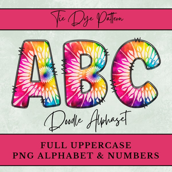 Tie Dye PNG Alphabet, Red Blue Orange Yellow Doodle Letters for t-shirt Sublimation Digital Download, Rainbow PNG Upper Alphabet Letters