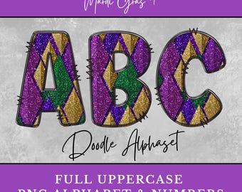 Mardi Gras Diamond PNG Alphabet, Purple Gold Green PNG Alphabet Letters, Doodle Letters for Sublimation, Digital Download Uppercase, Numbers