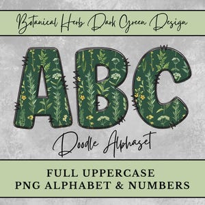 Alfabeto de hierbas botánicas verde oscuro con garabatos, conjunto de letras PNG mayúsculas de plantas verdes, letras de garabatos de hierbas bohemias, descarga digital por sublimación