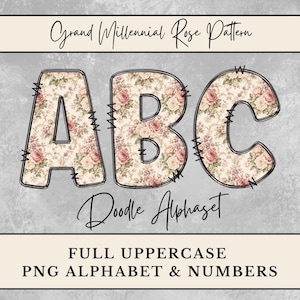 Grand Millennial Rose Pattern Doodle Alphabet, Pink and Green PNG Letters, Junk Journal Ephemera, Sublimation for tshirts, Digital Download