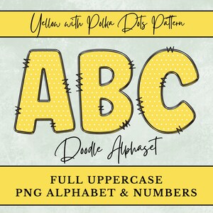 Gelb mit Polka Dots Muster Doodle Buchstaben, Gelbe PNG Buchstaben für Sublimation, digitaler Download Großbuchstaben und Zahlen Clipart